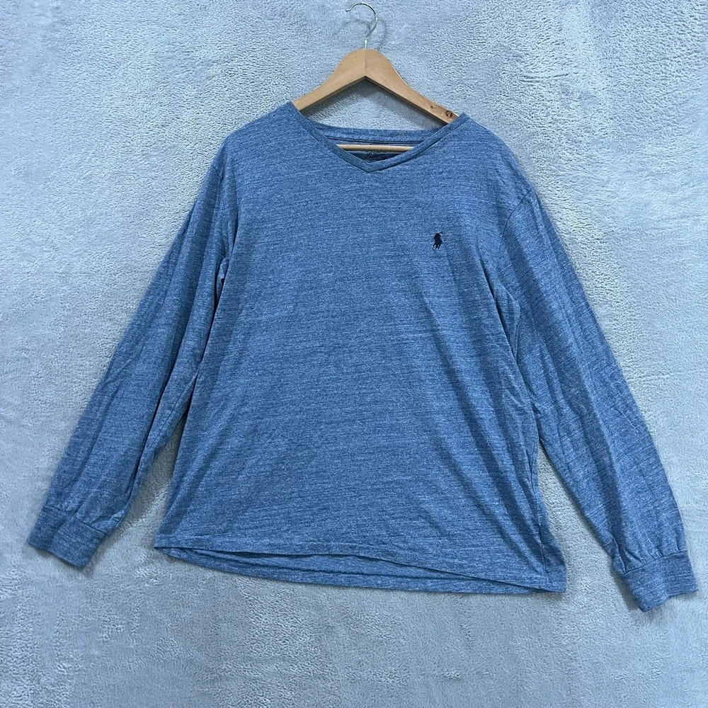 Polo Ralph Lauren T-Shirt Mens Large Blue Heather Pony Logo Long Sleeve V-Neck